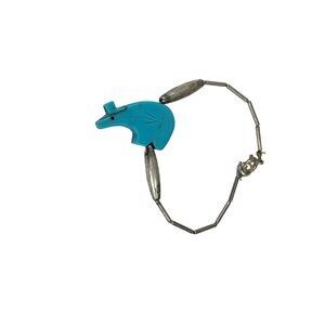 Vintage Bear Faux Turquoise Bracelet With Silver-Toned Chain  Spring Clasp